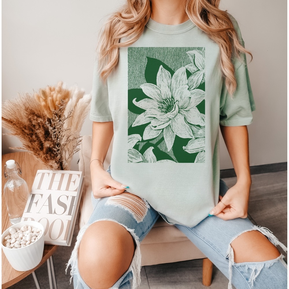 Botanical Flower Etching Graphic Tee Black Line Art Design